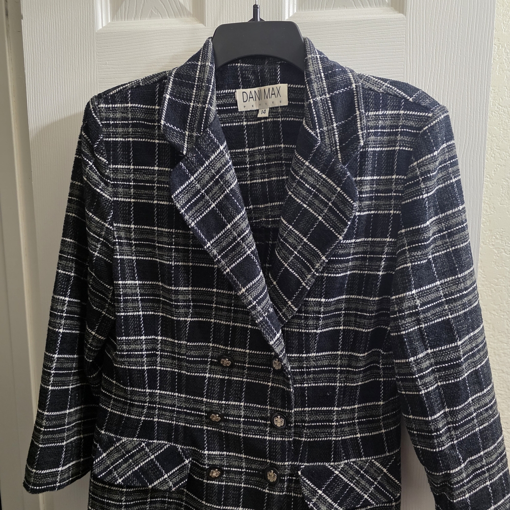 Vintage Dani Max Black/White Plaid Double-Breasted Blazer Jacket Size 14P